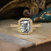 2 Carat Emerald Cut Black Rutilated Quartz 4 Prong Engagement Ring Pave Halo Bridal Ring